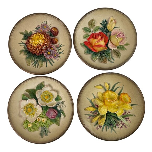 Four Bossons England Spring Summer Autumn Carnation 3D 6" Wall Plates - Picture 1 of 15